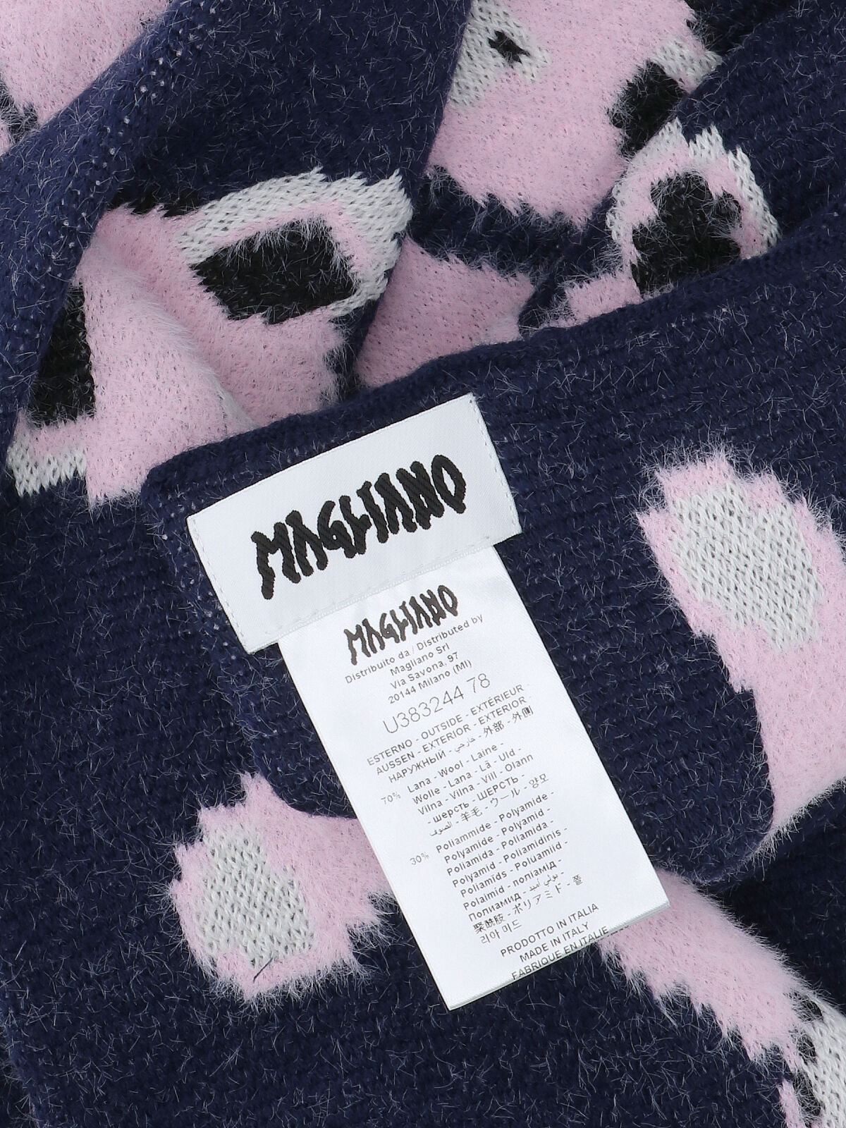 Magliano Knitted Navy Scarf With Playful Teddy Bear Pattern In Black