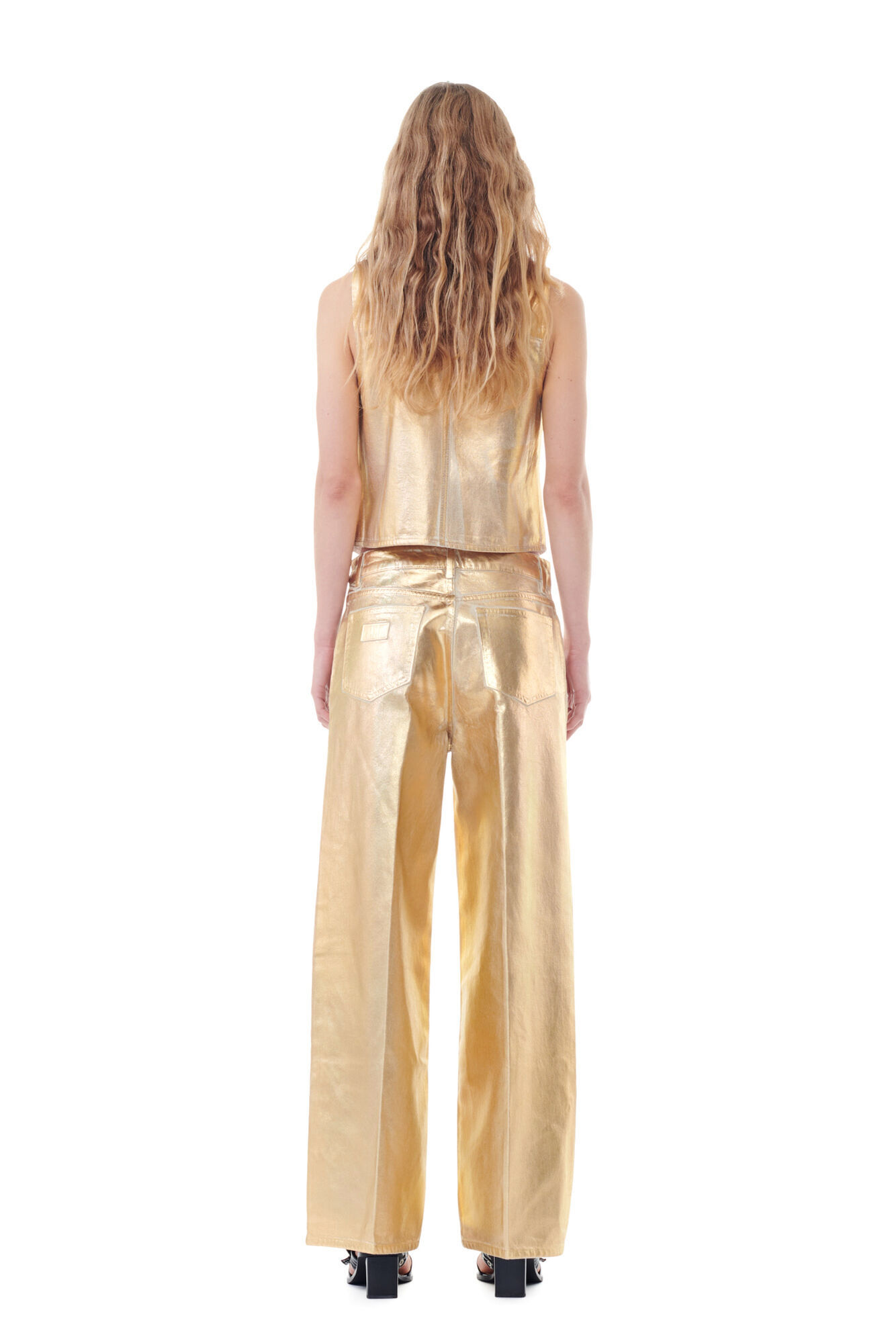 Ganni Gold Vest With Branded Buttons In Laminated Denim Woman In Nude