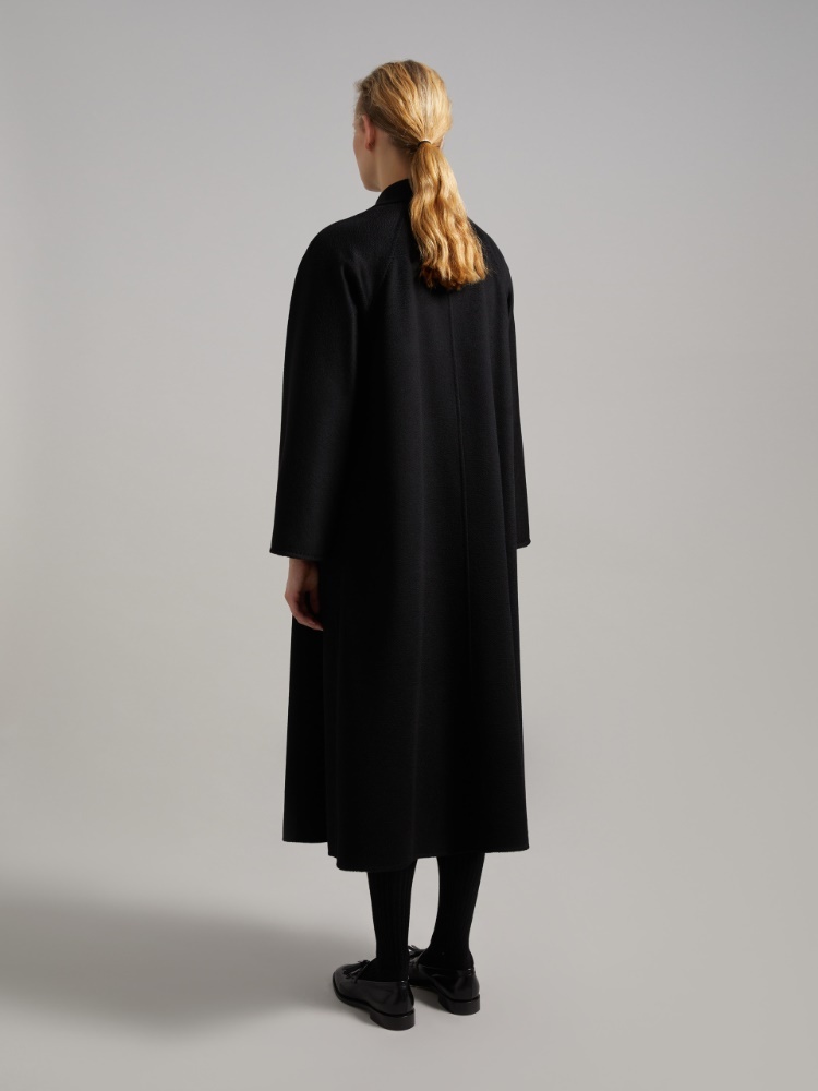 Max Mara Black Belted Long Coat With Notched Collar And Smooth Finish In Black