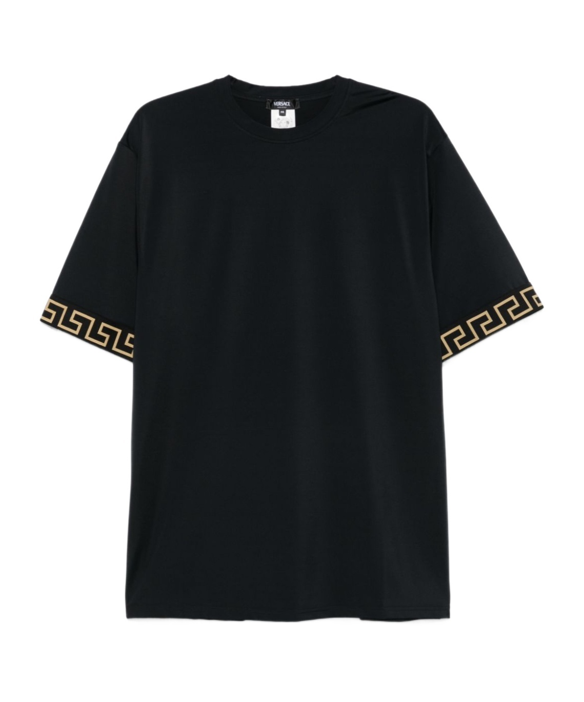 Versace Black Crewneckt-shirt With Contrasting Greca Motif In Stretch Polyamide Man In Black