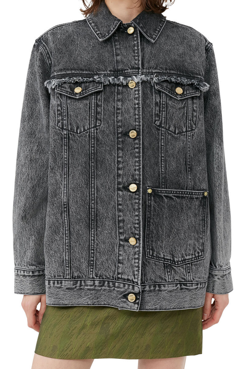 Ganni Snow Washed Denim Oversized Jacket In Black