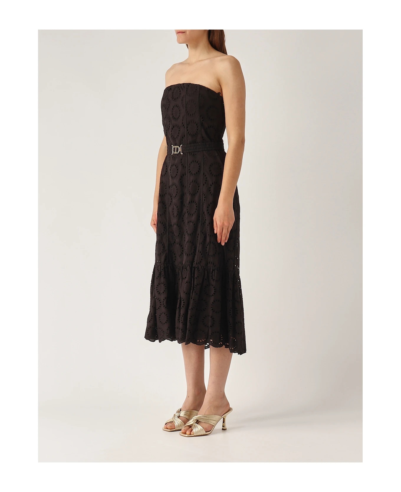 Twinset Black Dress With Removable Straps And Broderie Anglaise In Cotton Woman