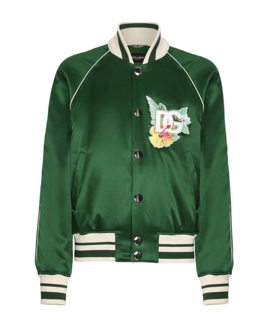 Dolce & Gabbana Green Floral Dg Logo Full Zip Bomber Jacket In Green