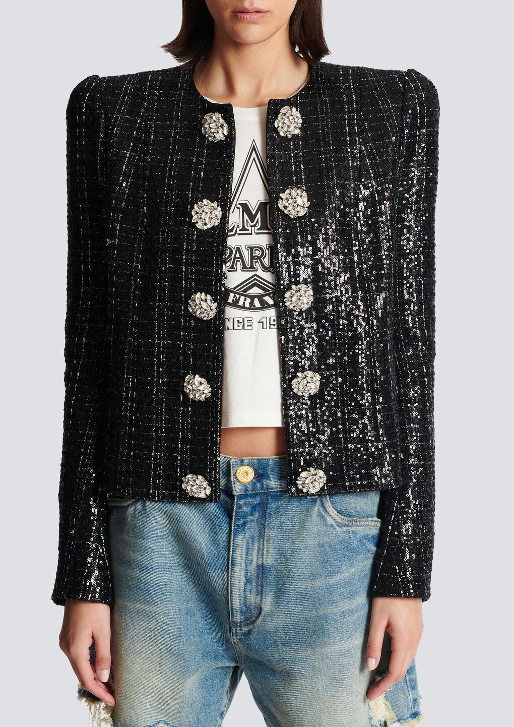 Shop Balmain Glittery Tweed Jacket In Black