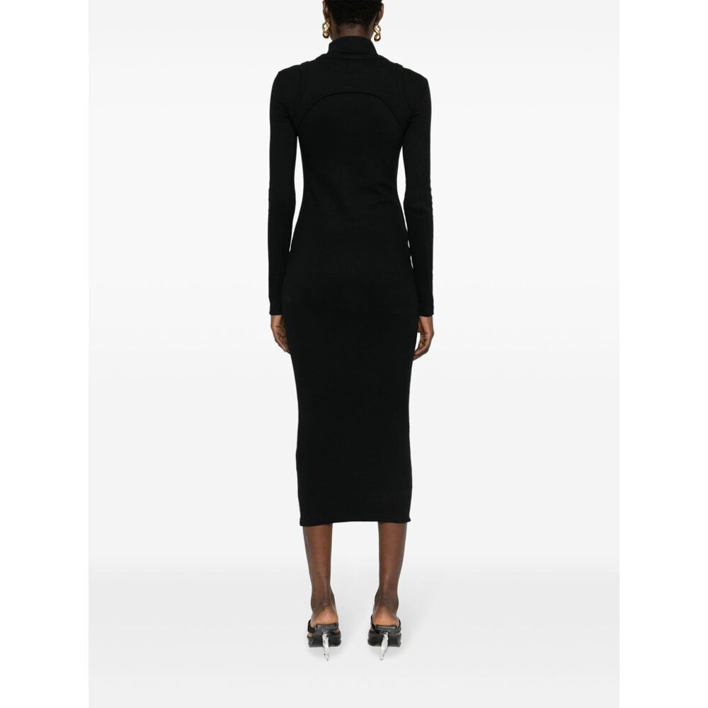 Off-white Ribbed Texture Midi Dress With High Neckline In Black