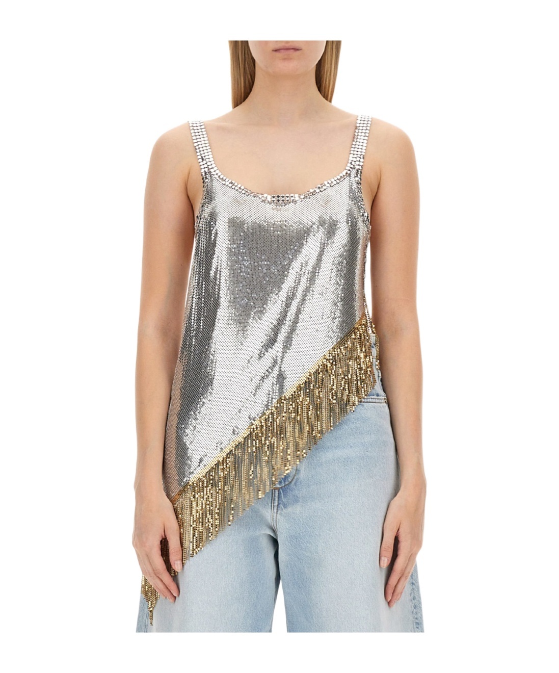 Rabanne Fringed Asymetric Chainmail Top In Nude