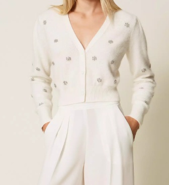 Twinset Cropped Cardigan With Fluffy Texture And Sparkling Embellishments In Neutral