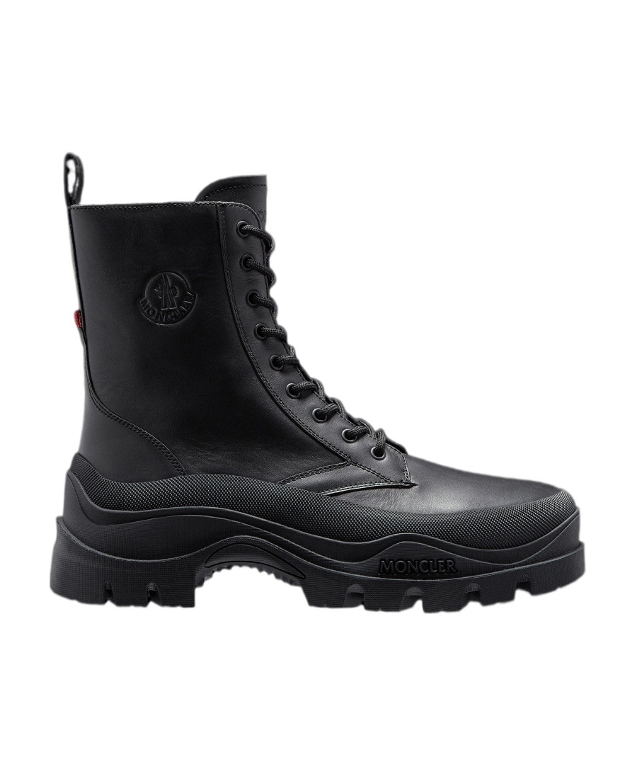 Moncler Leather Boots With Engraved Logo In Black