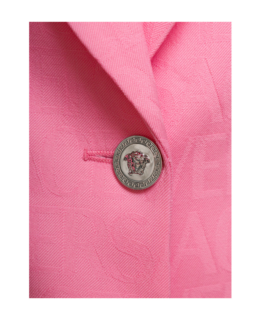 Versace Pink Single-breasted Jacket With All-over Tonal Logo Lettering Print In Pink