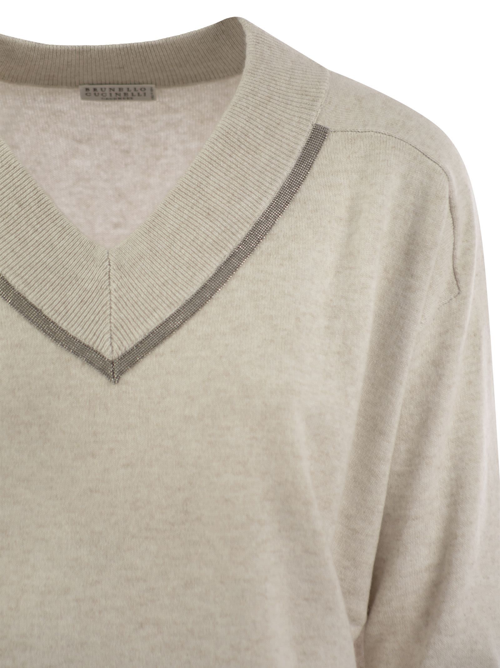 Brunello Cucinelli Women's Cashmere Sweater With Shiny Neckline In Nude