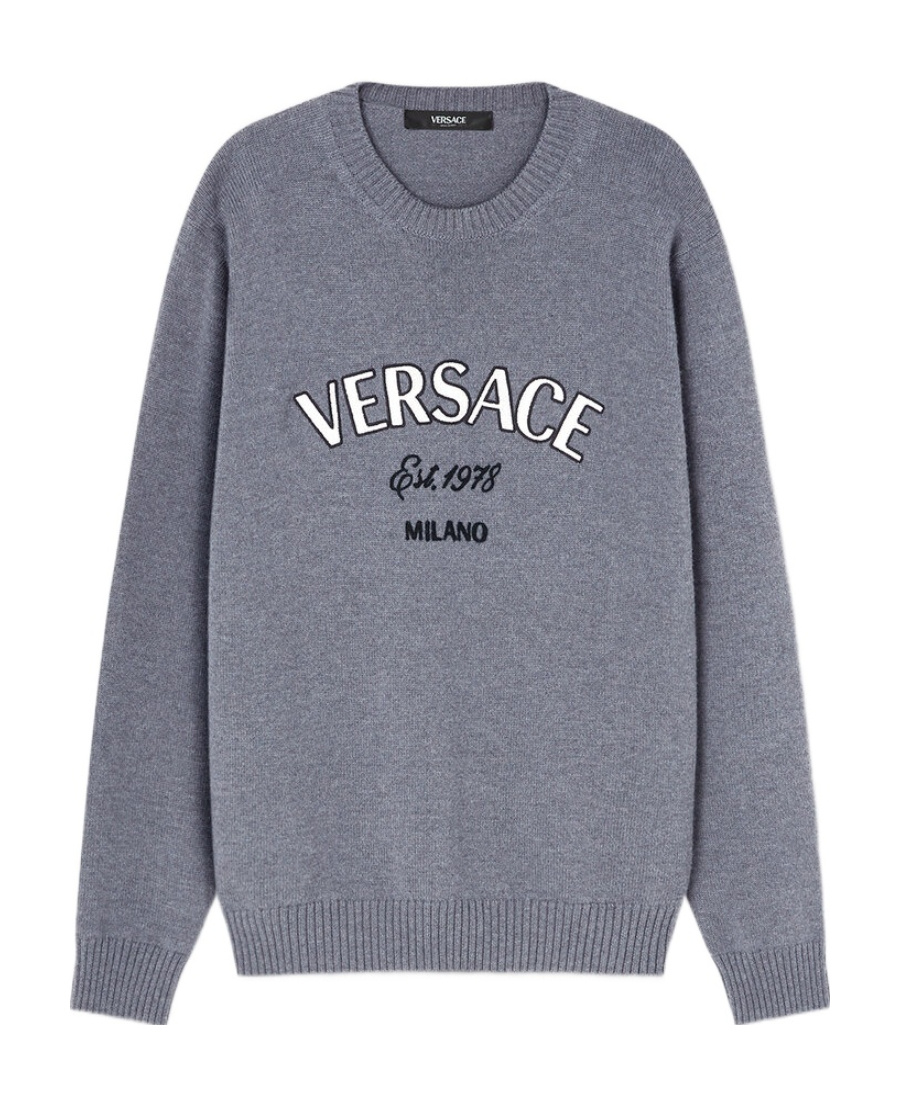 Versace Milano Stamp Embroidered Wool Jumper In Gray
