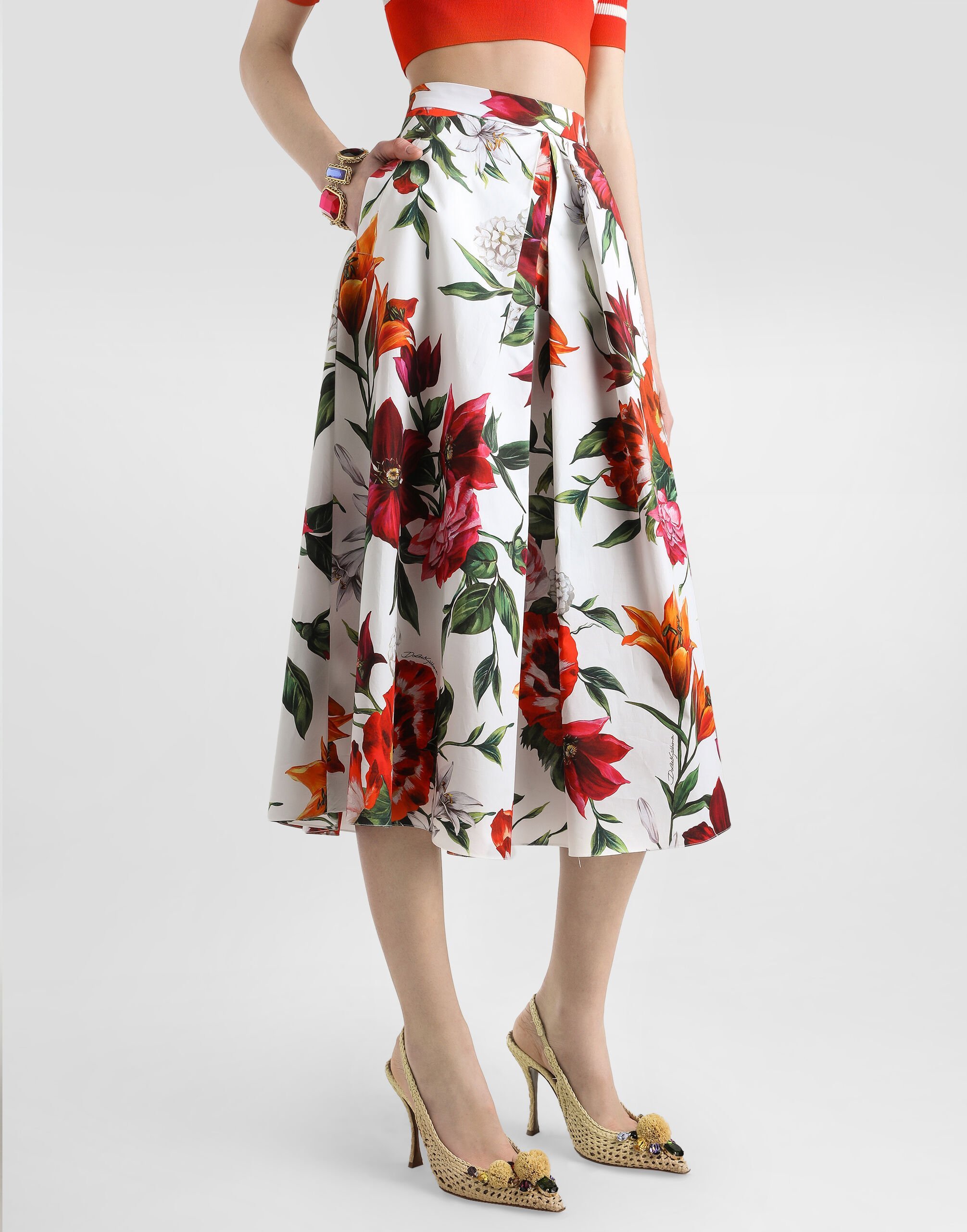 Dolce & Gabbana Multicolor Midi Skirt With All-over Floral Print And Rear Zip Closure In Cotton Woman
