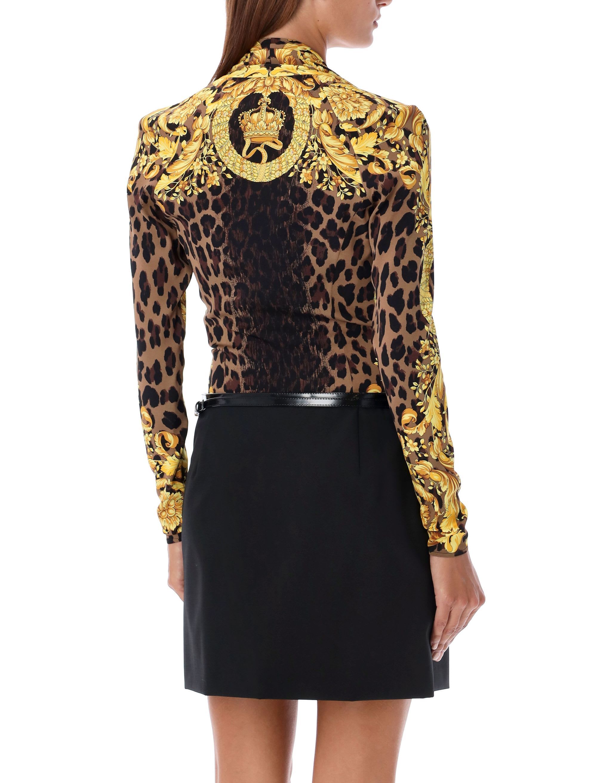 Versace Black & Gold Wild Barocco Silk Draped Bodysuit In Black
