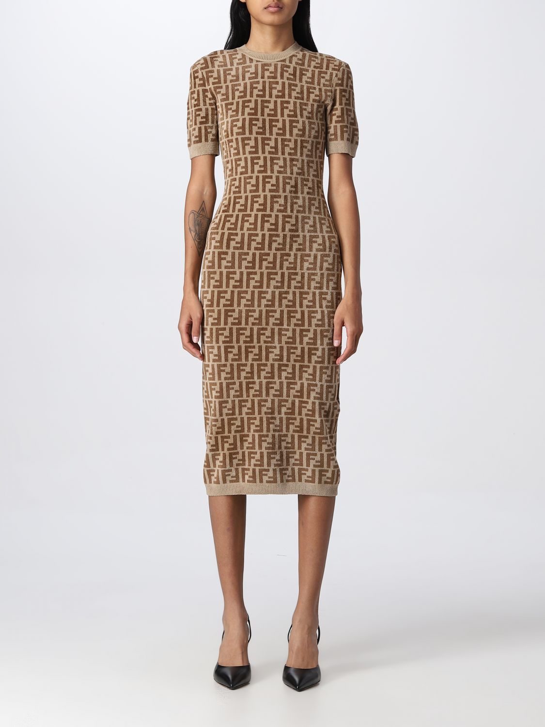 Fendi Monogram Knitted Dress In Brown
