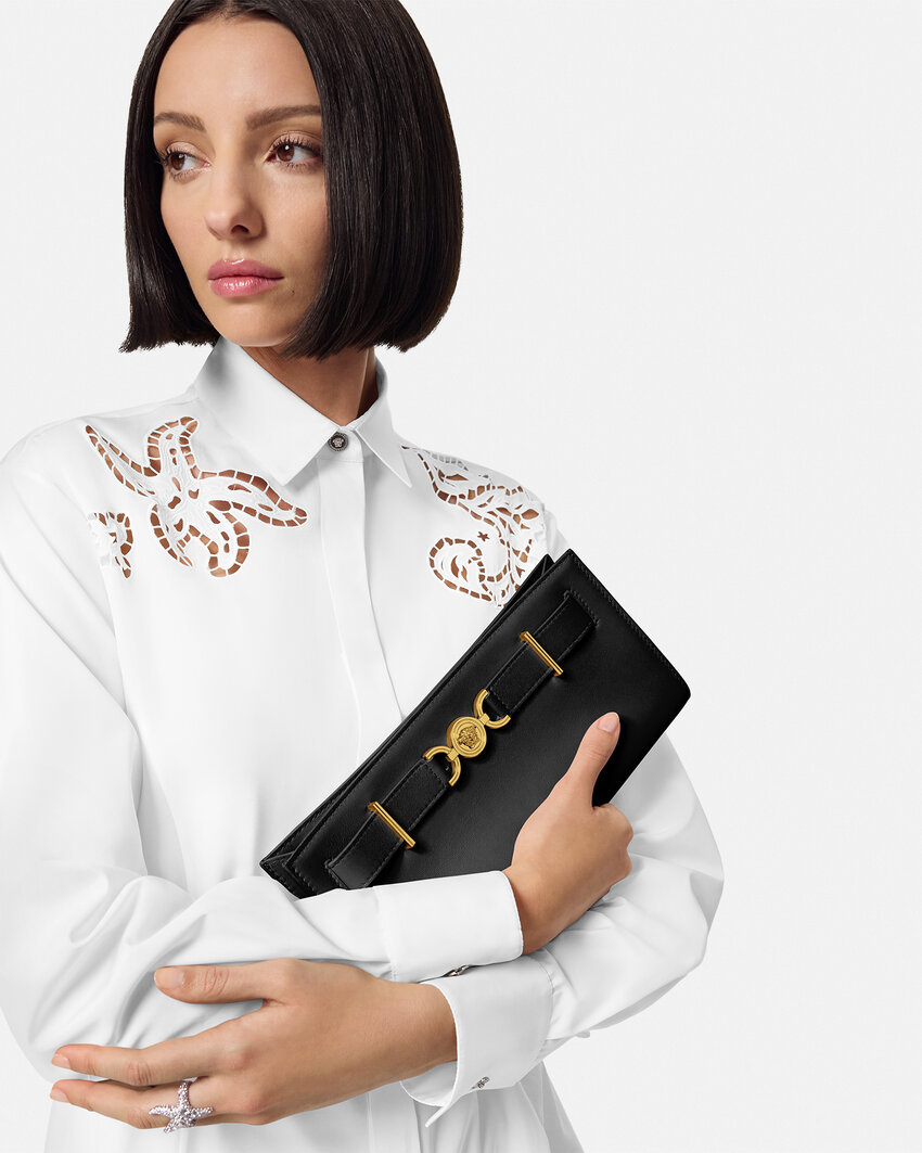 Versace Chain Strap Gold-tone Hardware Clutch Bag In Black