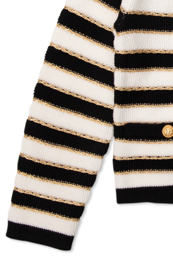 Balmain Striped Buttoned Knitted Cardigan In Gold