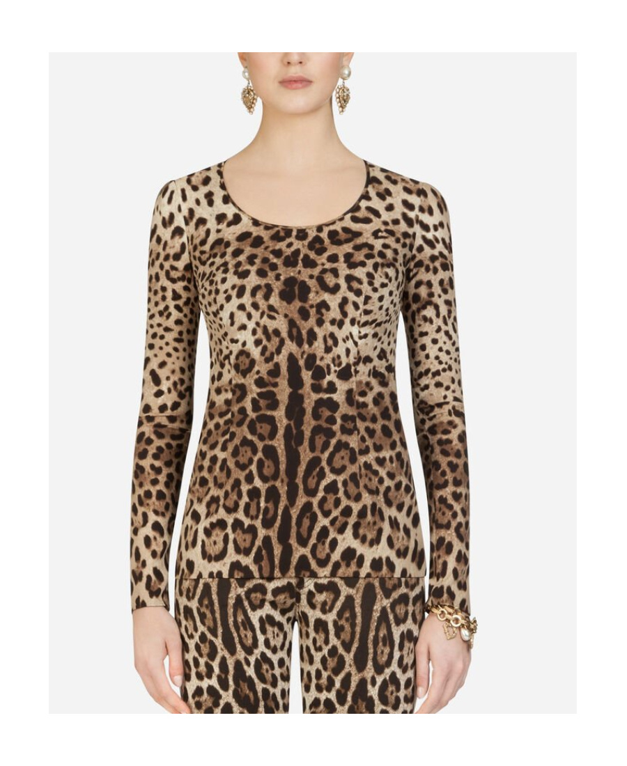 Dolce & Gabbana Leopard Print Silk Blend Long Sleeve Top In Brown