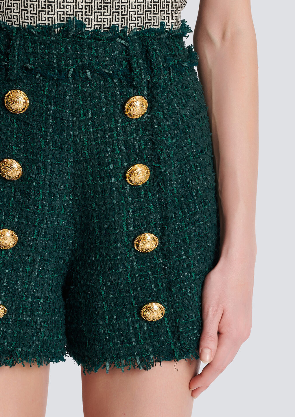 Balmain Frayed Button-embellished Bouclé Shorts In Green