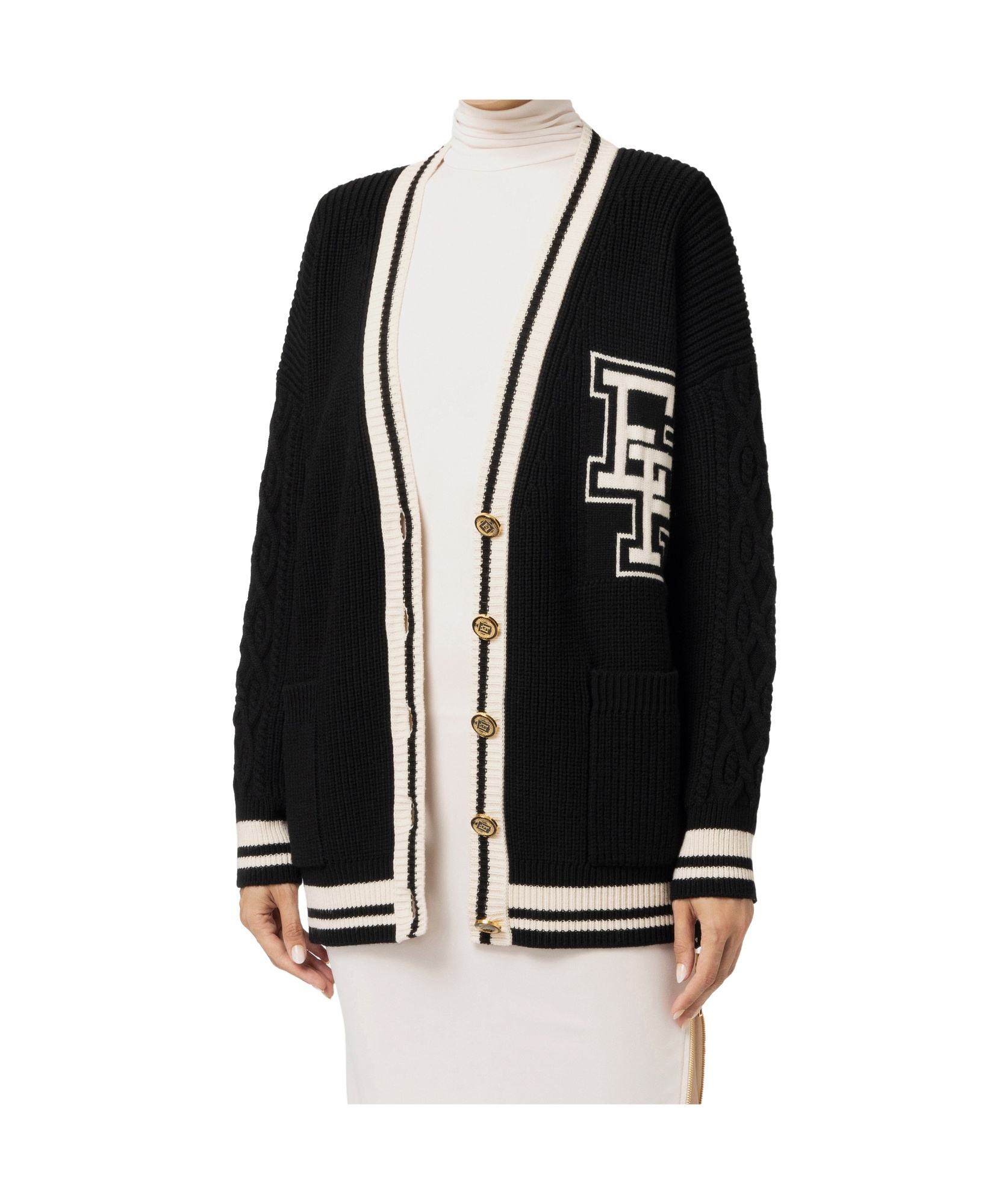 Elisabetta Franchi Logo Patch V-neck Cardigan In Black
