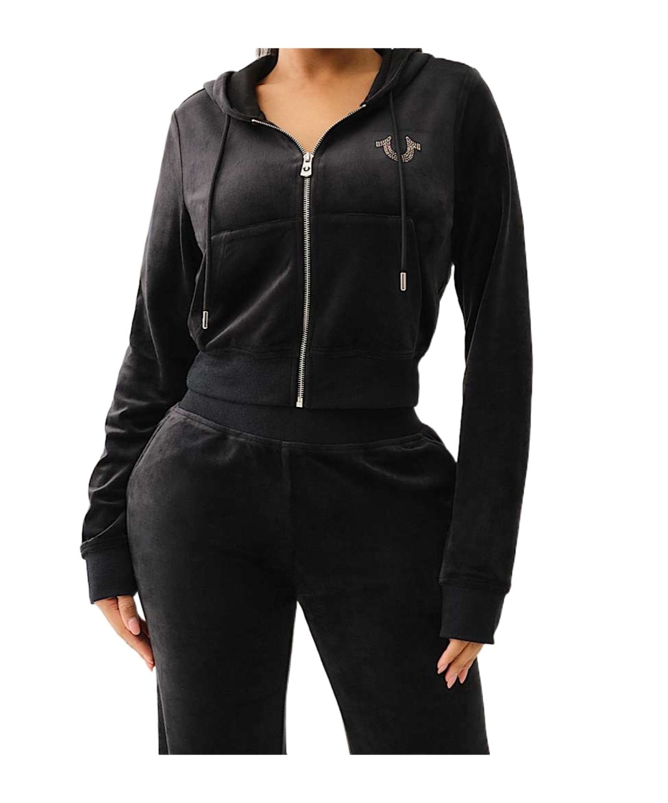 TRUE RELIGION VELOUR CRYSTAL SHRUNKEN ZIP HOODIE