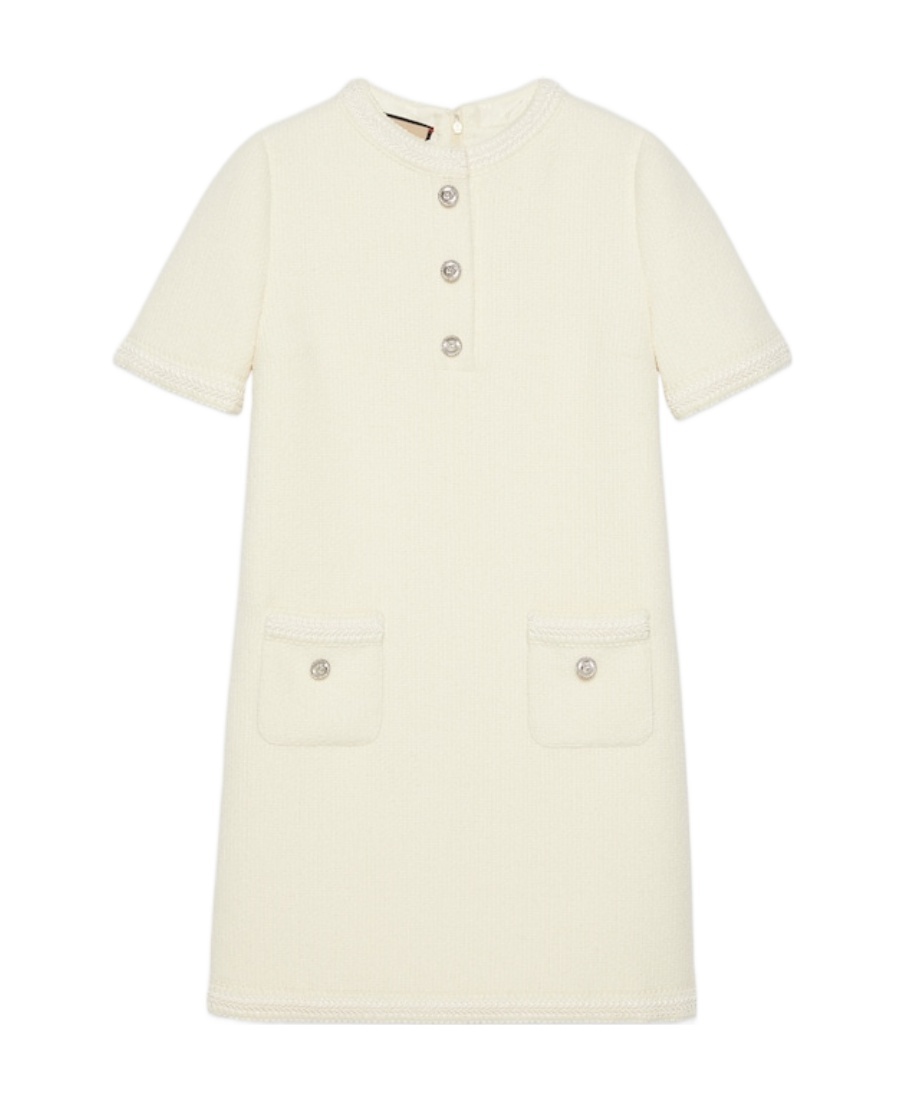 Gucci Dress Wool Tweed Embroidered Trim In White