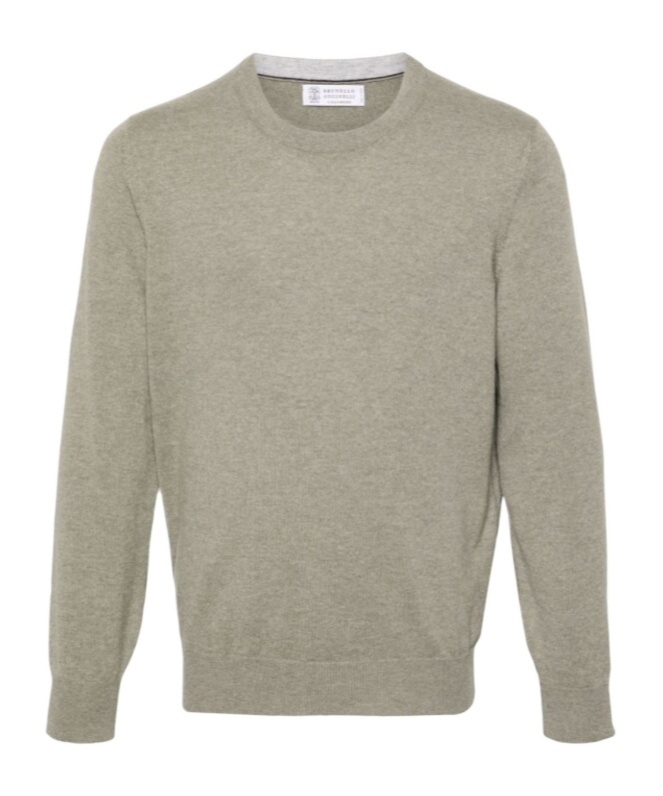 Brunello Cucinelli Cashmere Crew Neck Sweater With Contrasting Edge In Nude
