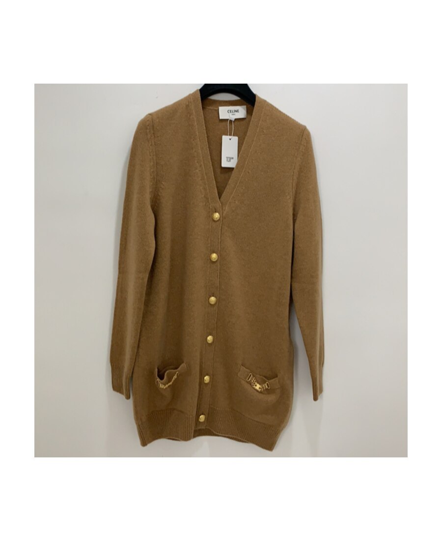 Celine Signature Long Cardigan In Iconic Cashmere In Brown