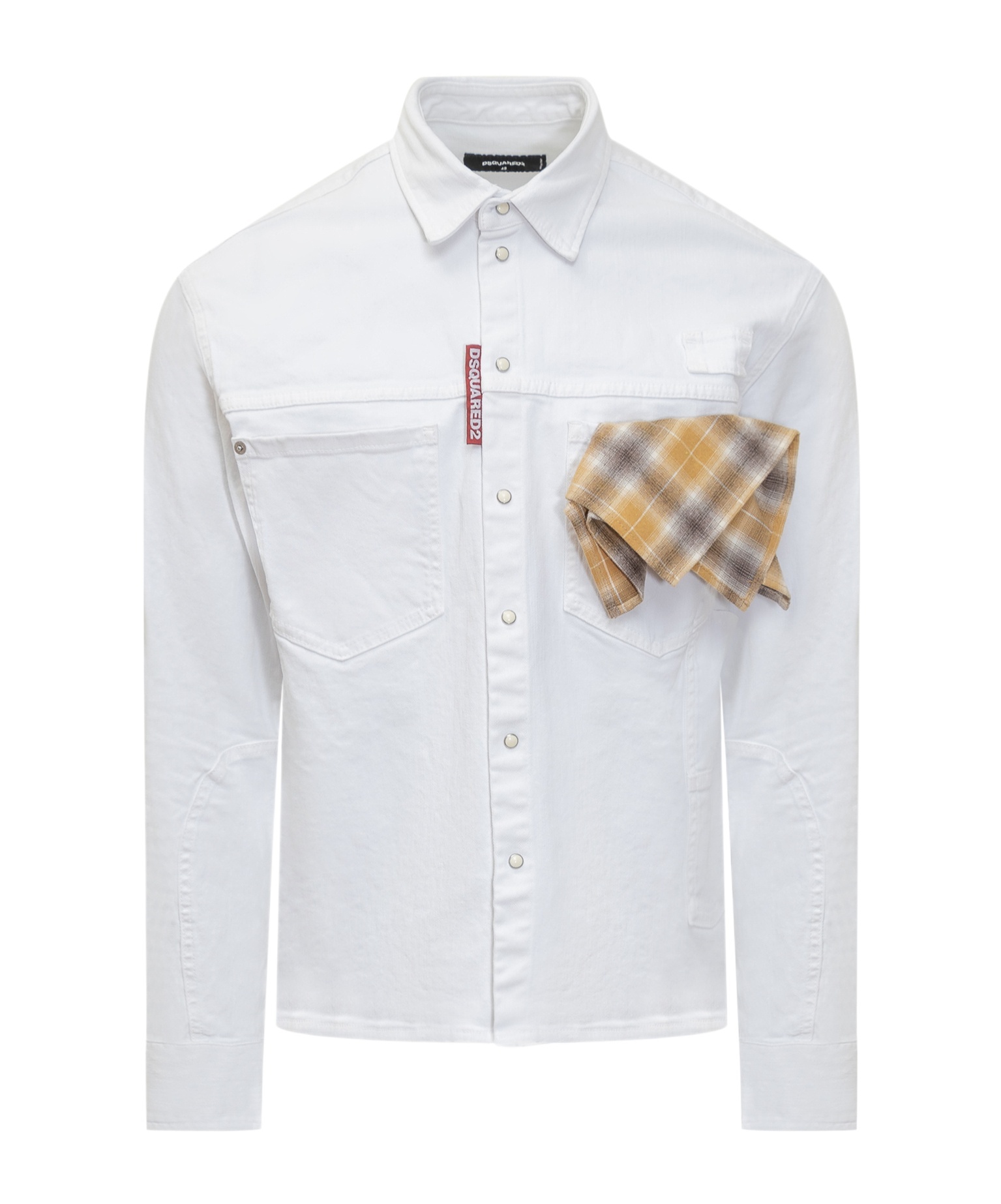 Dsquared2 White Cotton Denim Carpenter Shirt With Checked Pocket Square In White