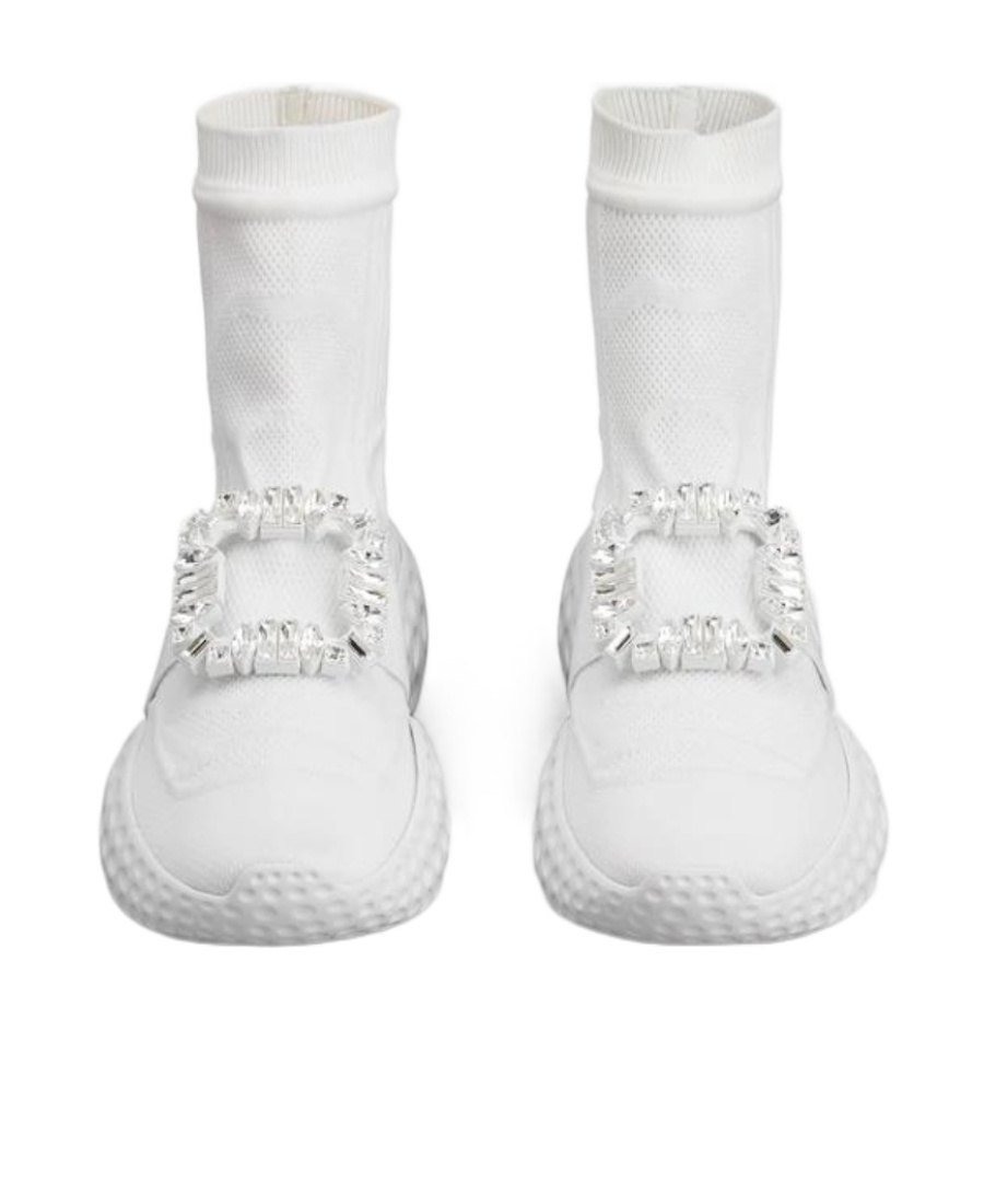 Shop Roger Vivier Viv' Run Light Socks Strass Buckle Ankle Boots In Fabric In White