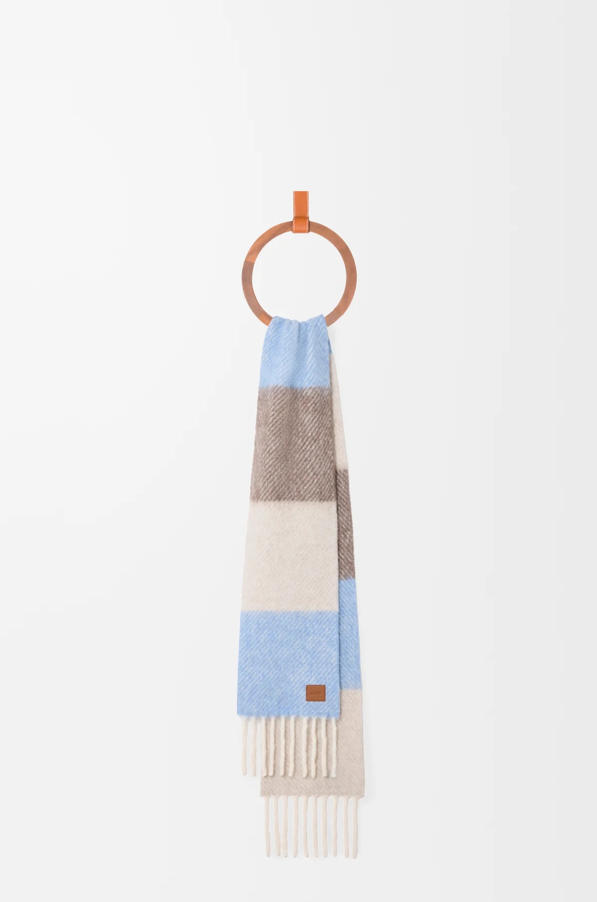 Loewe Logo Patch Striped Fringed Scarf In Blue