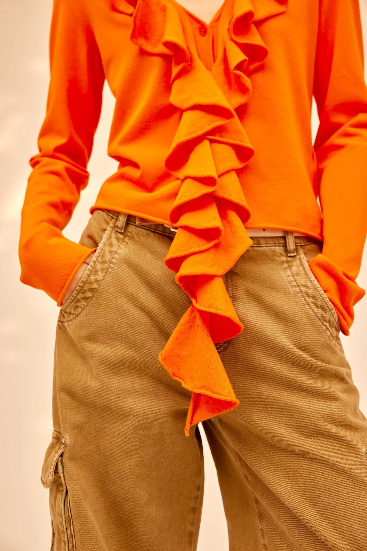Shop Semicouture V-neck Ruffled Cardigan In Orange