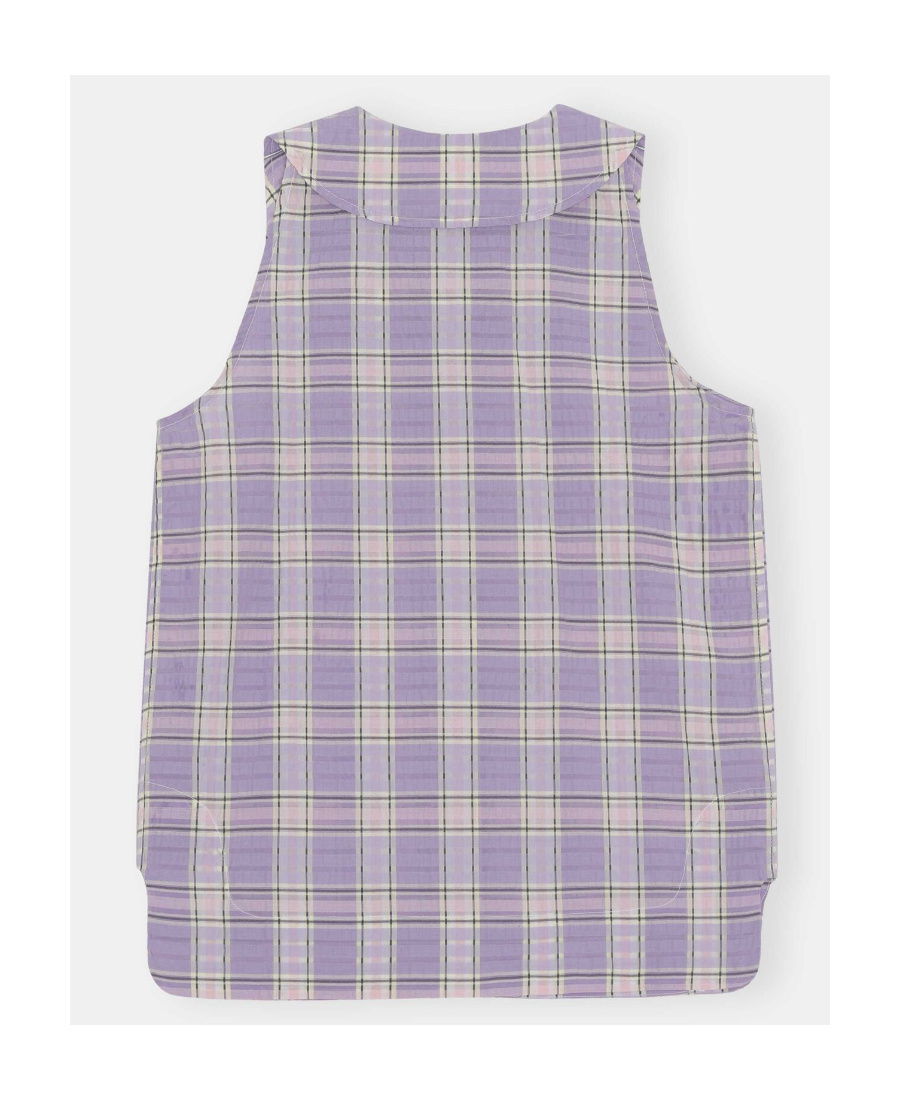 Ganni Seersucker Checked Sleeveless Button-front Shirt In Purple
