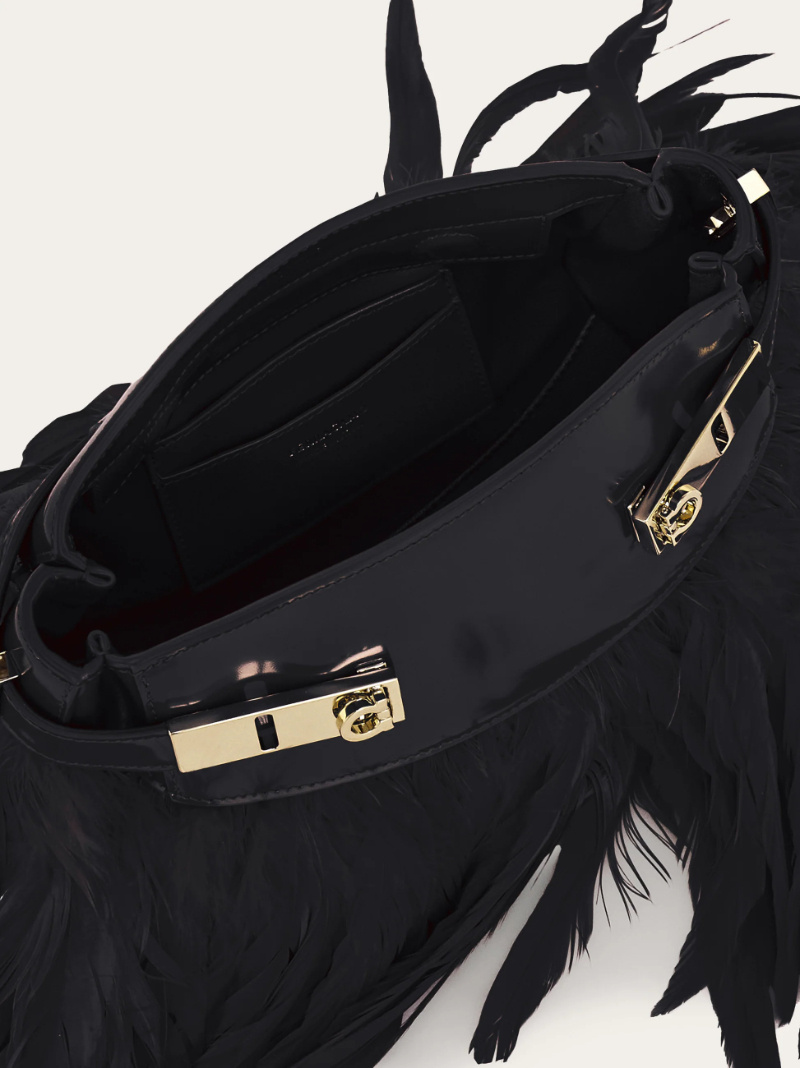 Ferragamo Hug Feather-trimmed Cross Body Bag In Black