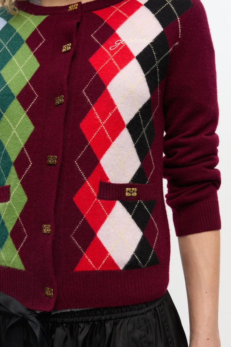 Ganni Burgundy Checked Cardigan In Cashmere Blend Women In Multi