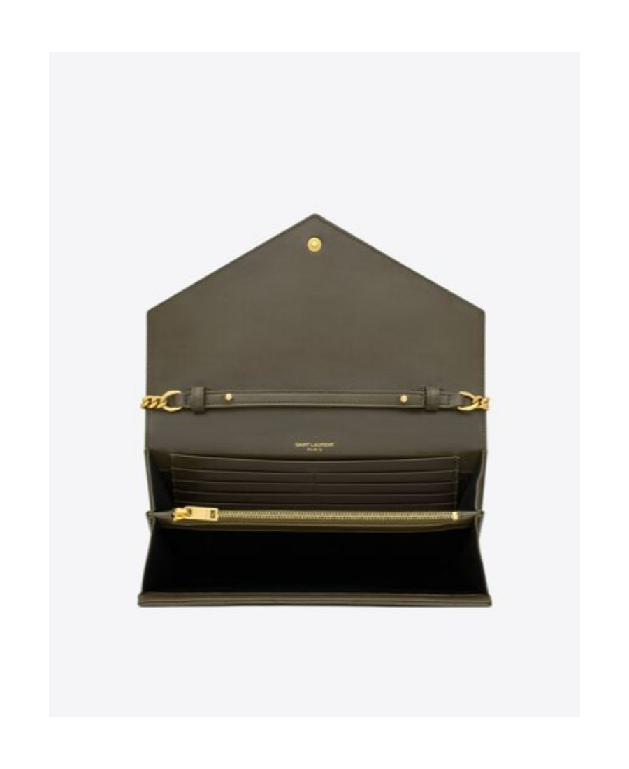 Saint Laurent Cassandre Envelope Leather Chain Wallet In Green