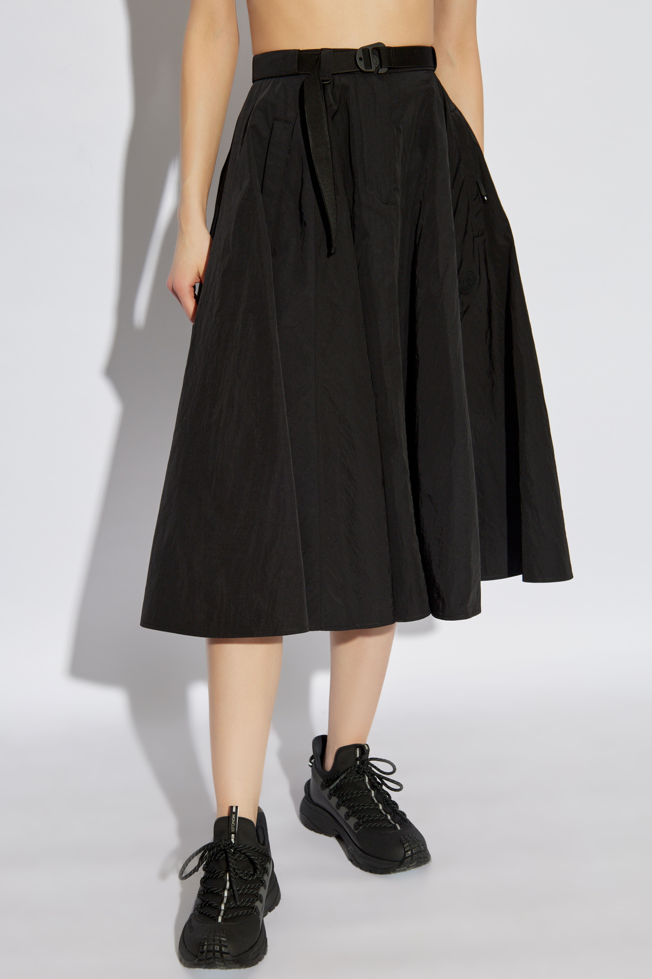 Moncler Flowing Black Maxi Skirt With Belted Waist In Black