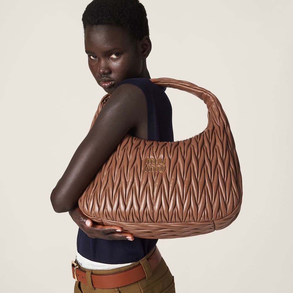Miu Miu Miu Wander Matelassé Nappa Leather Hobo Bag In Brown