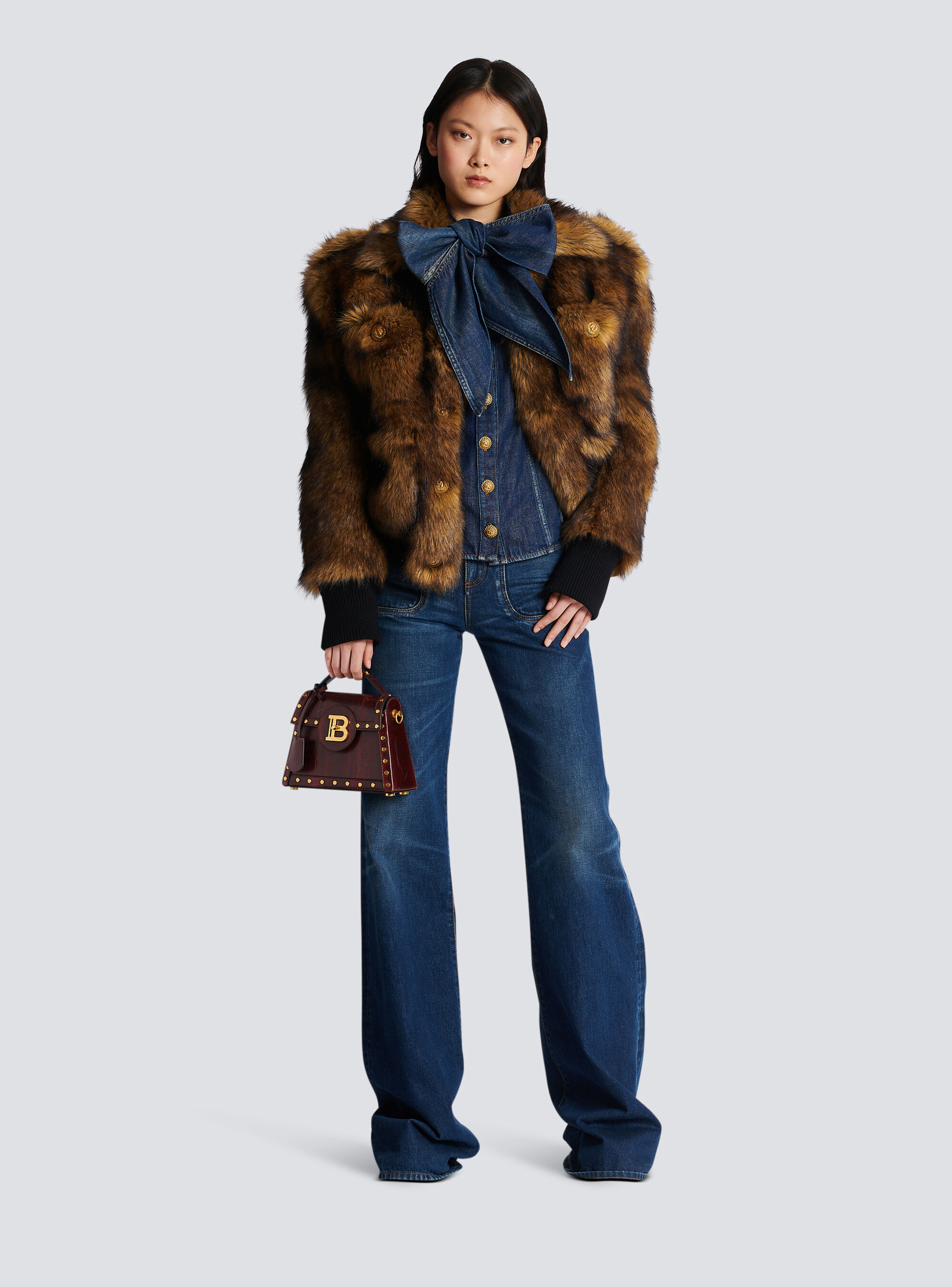 Balmain Pussy-bow Denim Shirt In Blue