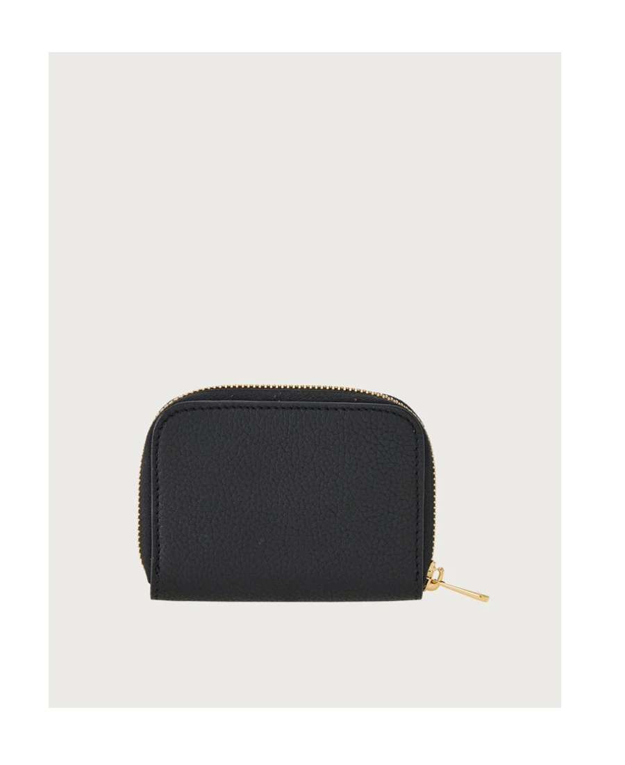 Ferragamo Black Coin Purse With Gancino Logo In Hammered Leaher Woman In Black