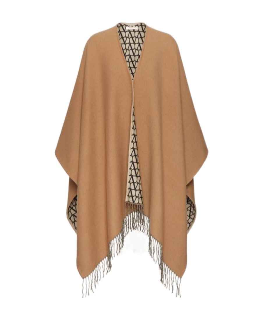 Valentino Asymmetrical Wool Poncho With Fringed Edge In Brown