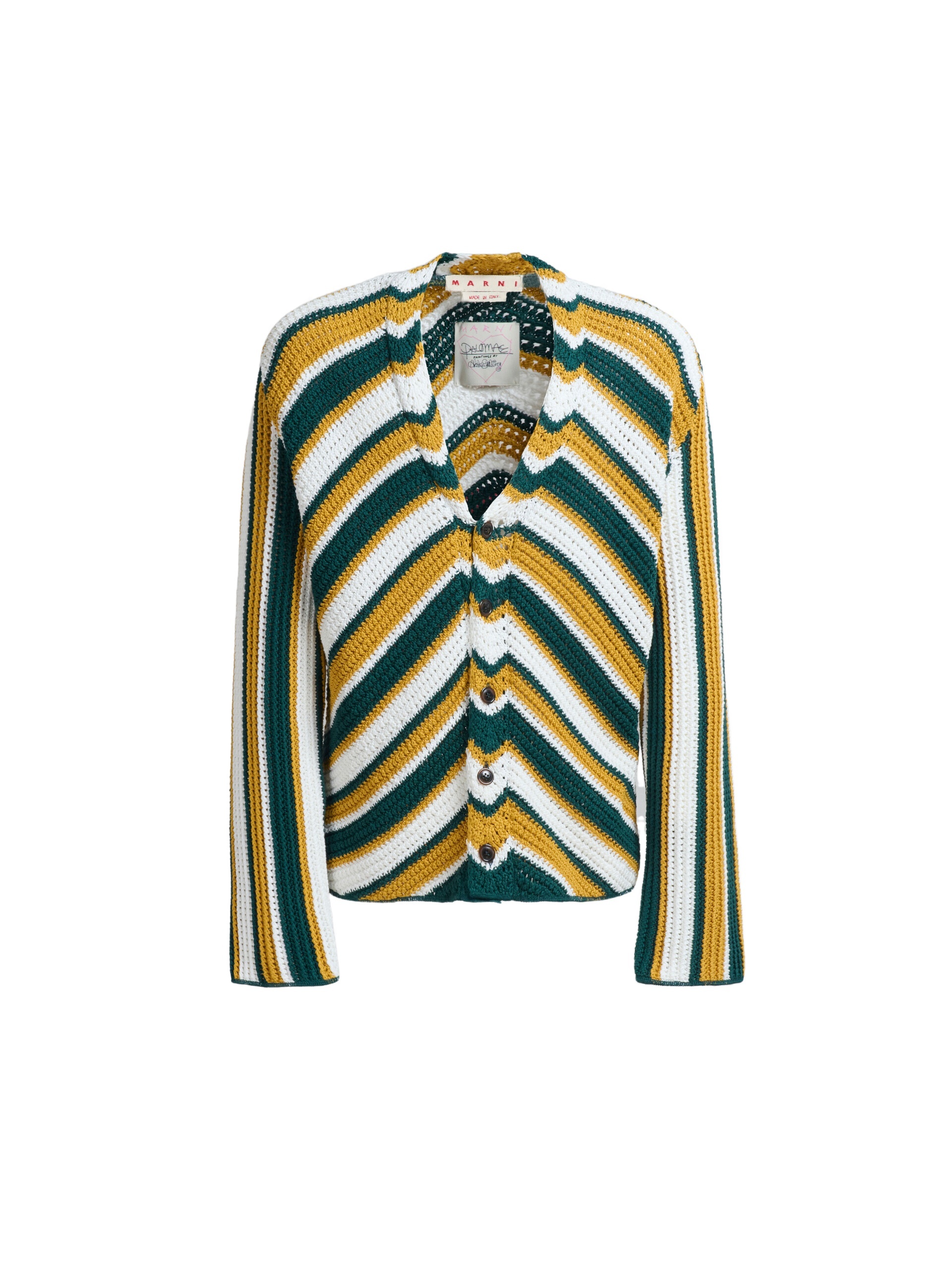 Shop Marni Teal And Yellow Crochet Cardigan With Chevron Pattern In Green