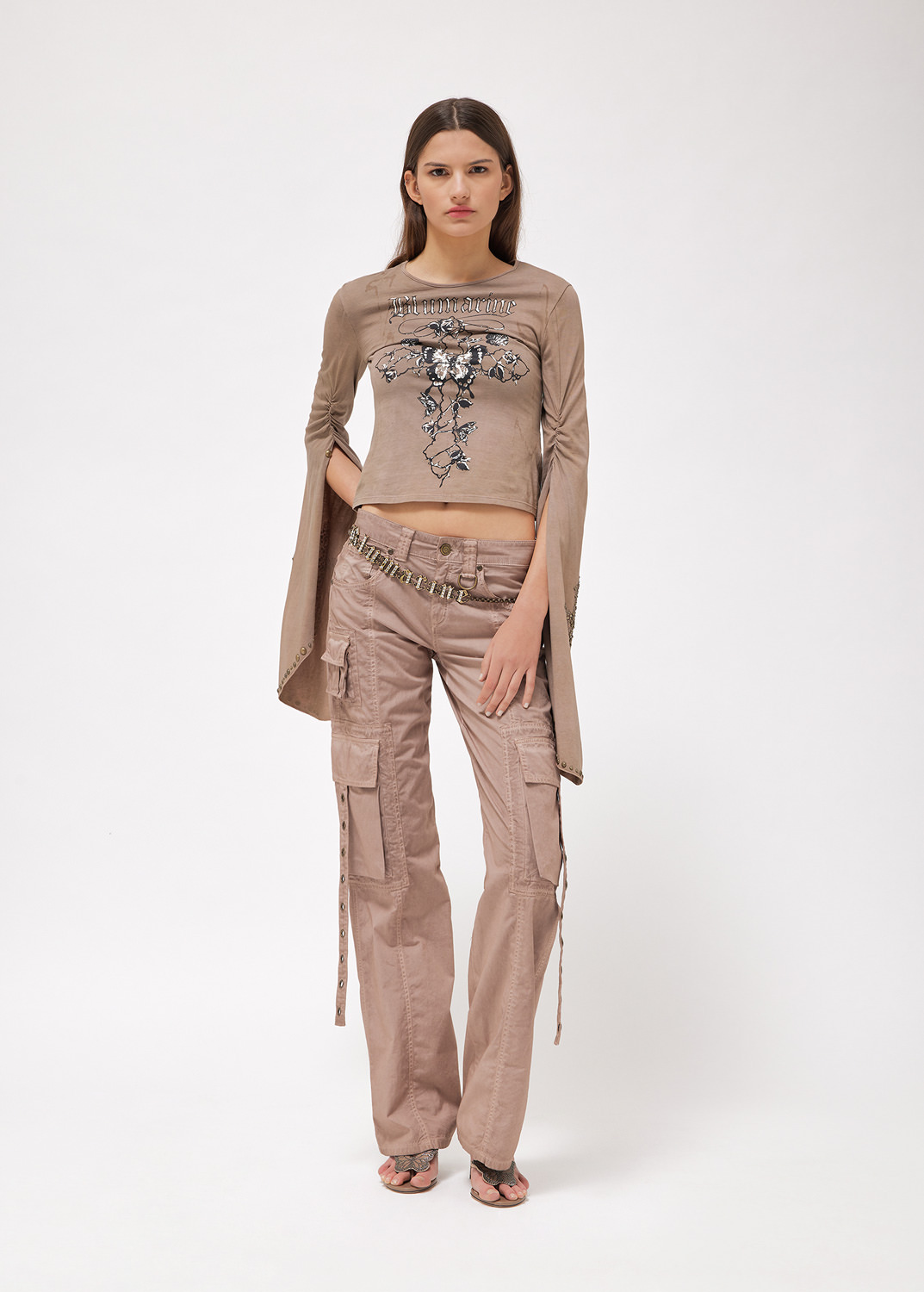 Blumarine Ruffled-trim Wide-leg Trousers In Nude