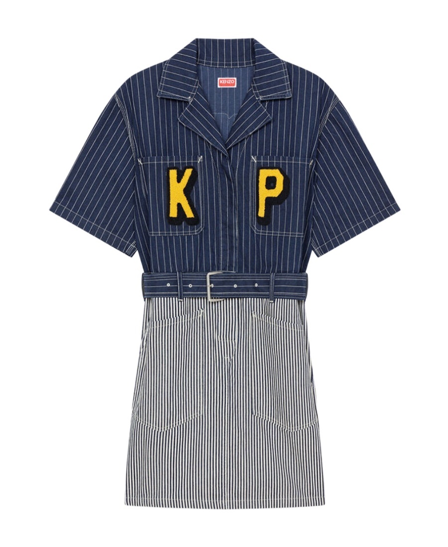 Kenzo Logo-patch Striped Denim Shirtdress In Blue