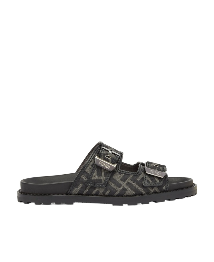 FENDI BLACK LEATHER AND FABRIC SANDALS