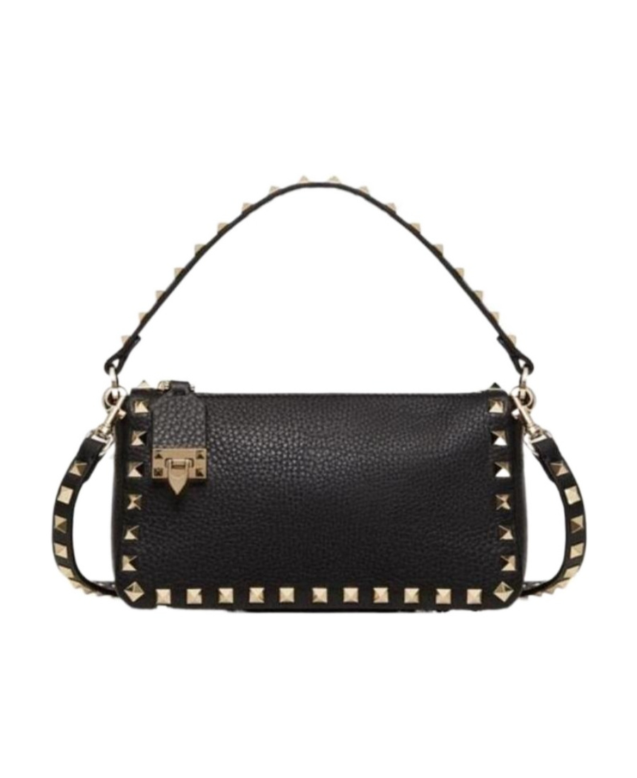 Valentino Small Rockstud Shoulder Bag In Grained Calfskin In Black