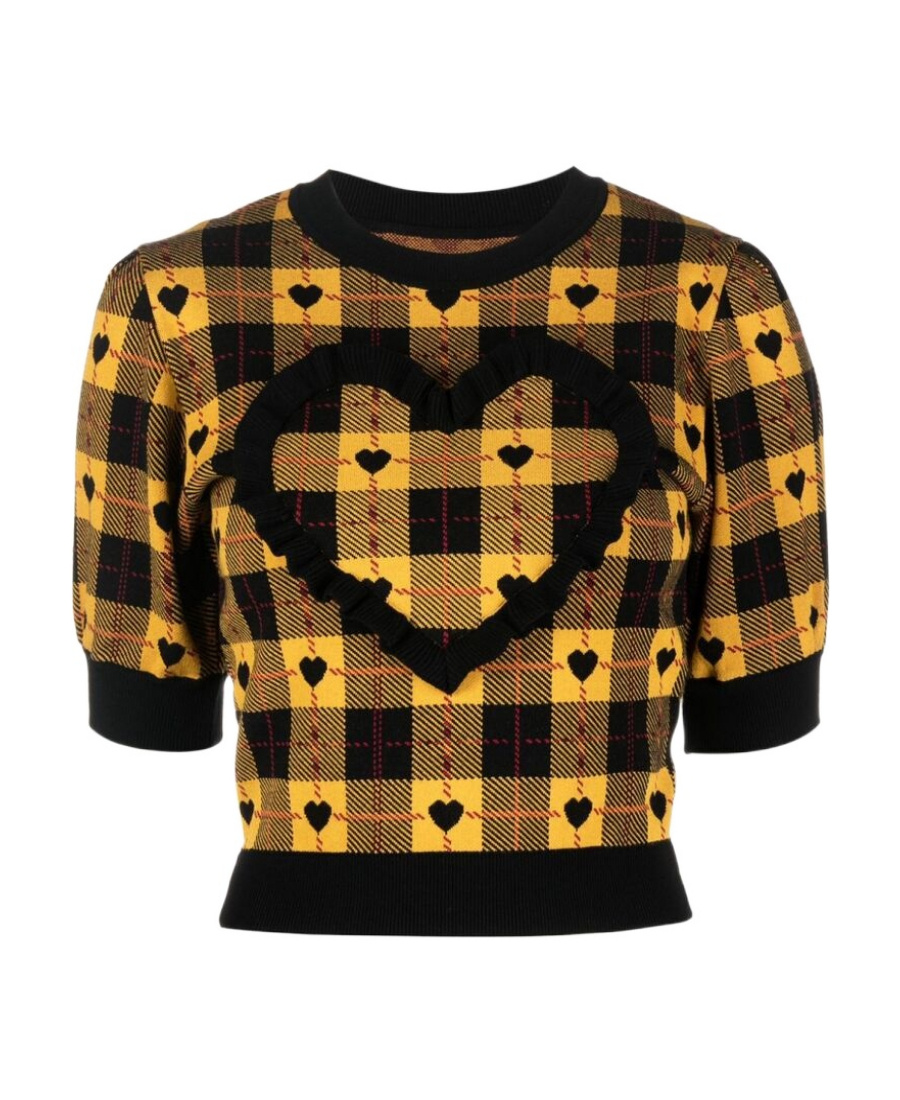 Alessandra Rich Heart Plaid Print Knit Top In Black