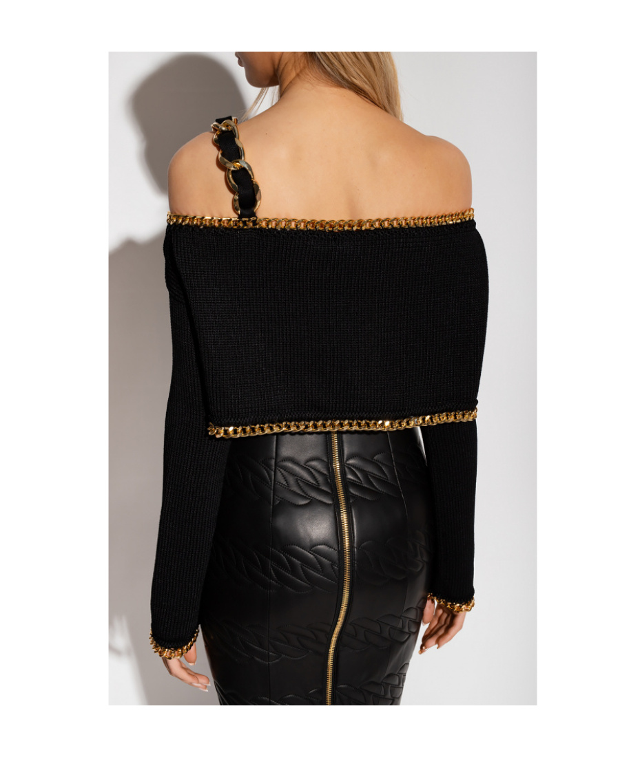 BALMAIN CROPPED BLACK AND GOLD KNIT SWEATER
