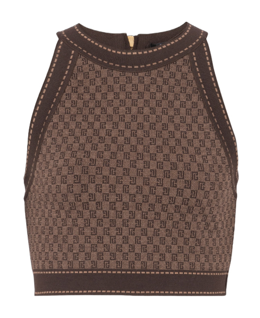 Balmain Mini Monogram Jaquard Crop Top In Brown