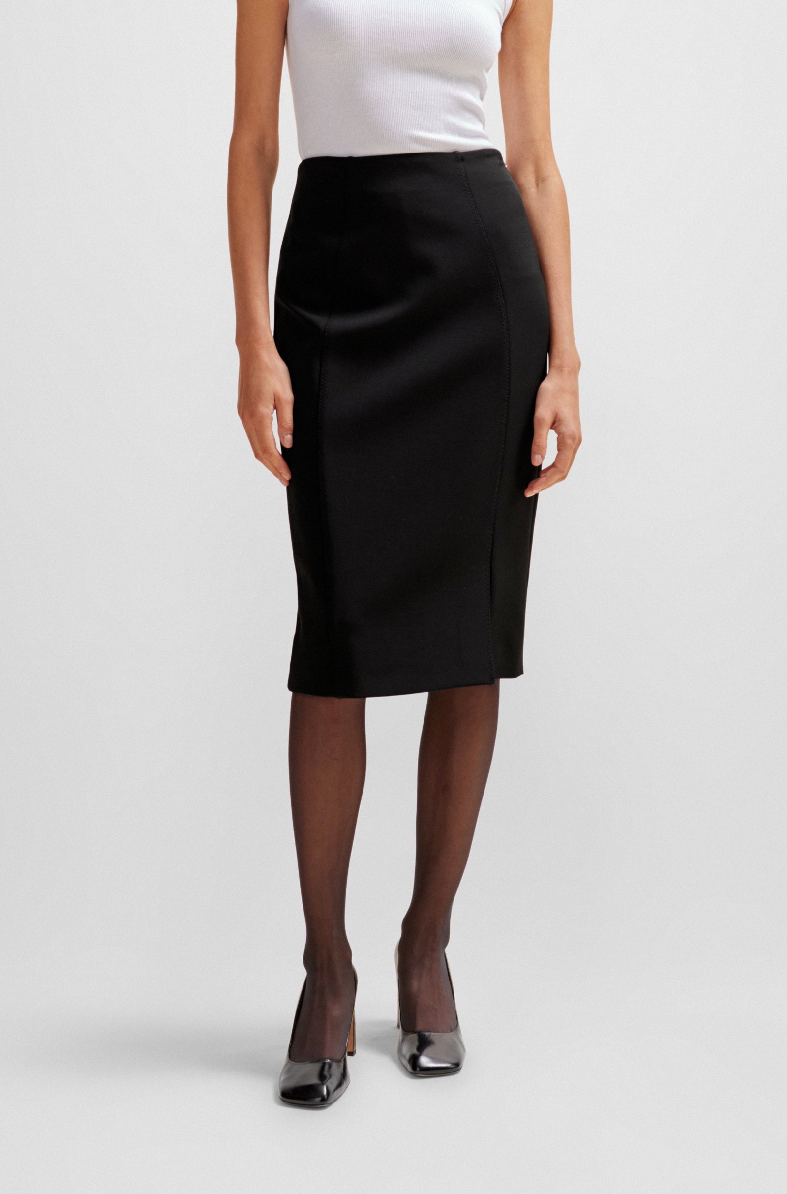 Hugo Boss Pencil Skirt In Stretch Fabric With Front Slit In Black