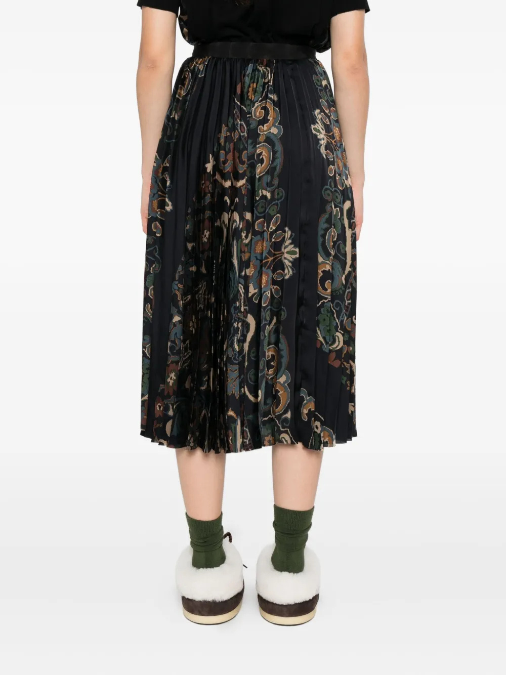 Sacai Floral Print Pleated Midi Skirt In Blue